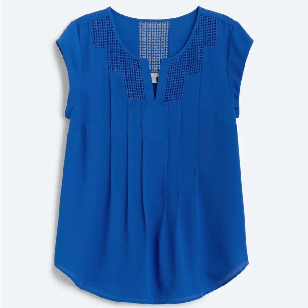 EUC Daniel Rainn Estefany Lace detail Split neck Flowy Blouse Cobalt Blue Medium